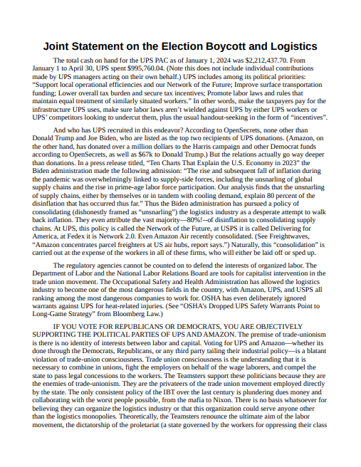 Joint Statement on the Election Boycott and Logistics – New Day at UPS and New Day at Amazon